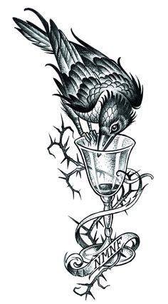 an ink drawing of a bird sitting on top of a cup with the word sons of crows