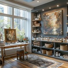 a room filled with lots of art and crafts on shelves next to a large window