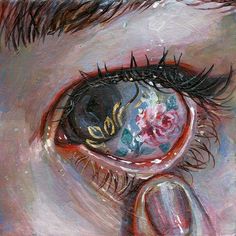 an eye with eyelashes and flowers painted on the iris's eyes is shown in this painting