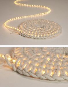 two pictures of white rope with lights on them