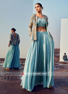 Sky Blue Georgette Indowestern Palazzo Suit with Jacket... Suit With Jacket