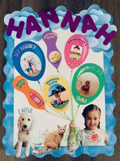 a child's birthday card with pictures of dogs and people holding balloons in the shape of speech bubbles