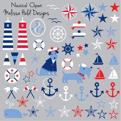 nautical clipart with red, white and blue designs on grey background for scrapbook pages