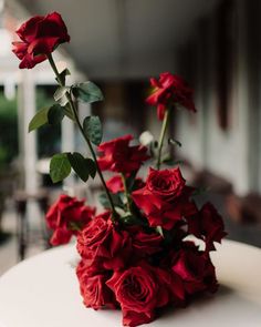 a bunch of red roses sitting on top of a white table