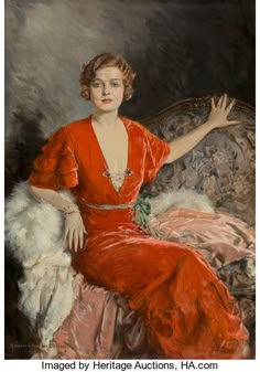 a painting of a woman in a red dress sitting on a chair with her arms outstretched