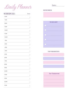 the daily planner printable is shown in pink and purple