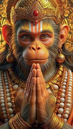 a monkey with his hands clasped in front of it's face and wearing gold jewelry