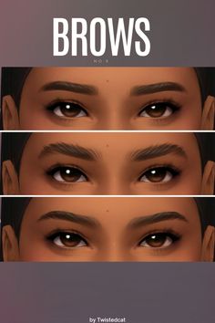 three different views of the same person's eyes, one with eyebrows and two without