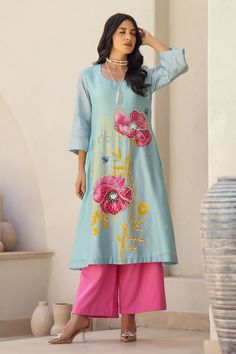 Buy Blue Chanderi Silk Printed Sequin And Pearl Work Kurta Flared Pant Set For Women by Chrkha Online at Aza Fashions. Kurta Patterns, Pearl Work, Blue Kurta, Printed Dupatta, Trendy Fashion Tops, Mint Blue, Bead Embroidery, Pant Set, Set For Women