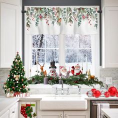 a kitchen decorated for christmas with santa and snowmen on the window sill, evergreen wreaths, pine cones, holly garland, and other holiday decorations