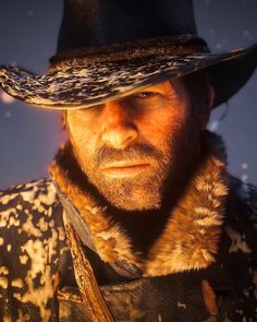 a man in a cowboy hat and fur coat looking at the camera with an intense look on his face