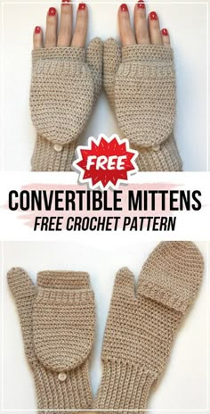 the mittens are knitted and have text overlay that reads, free crochet pattern