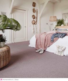 a bedroom with white walls and purple carpet