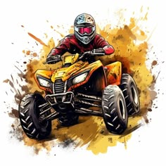 a man riding on the back of an orange and yellow four - wheeled atv vehicle