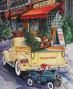 an old truck with a christmas tree on the back is parked in front of a store