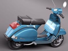 a blue scooter is parked on a gray background with the back light turned on