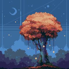 a pixel art tree with stars and moon in the sky