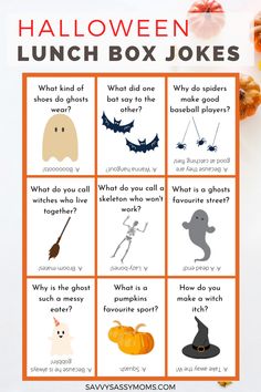 halloween lunch box jokes with pumpkins, ghost and other things to eat on the table