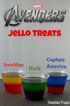 the avengerss jello treats are in different colors