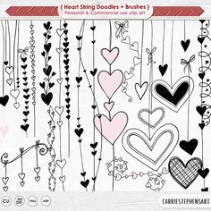 hearts and flowers are hanging from strings in the shape of heart - shaped doodles