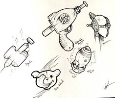 several drawings of different things in the air