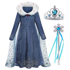 the frozen princess costume with tiara and wands is shown next to it's accessories