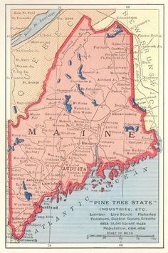 an old map of maine showing the state's capital and major cities, as well as its roads