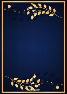 a blue and gold background with leaves on the corner, in the center is a golden frame