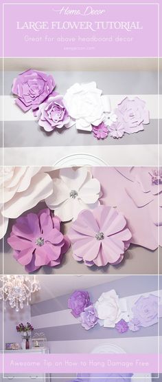 paper flowers are arranged on the wall in three different colors and sizes, each with their own flower centerpieces