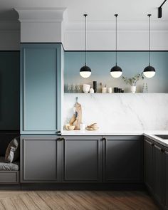 an empty kitchen with blue cabinets and white counter tops is pictured in this rendering image