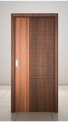 an open wooden door with slatted wood and metal handle on the side, in front of a white wall