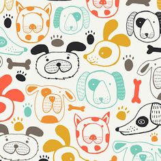 an animal themed wallpaper with dogs and cats on it's back side, in various colors