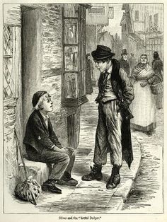 an old drawing of a man talking to another man