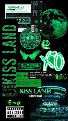 the poster for kiss land is shown with green and black graphics on it's side