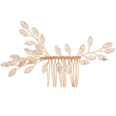 Vine Rhinestone Hair Comb will ensure that you create a unique hairstyle for your special day! Featuring a gold colored metal comb with bendable wires with leaf shaped rhinestones, this comb can be customized and embellished any way you see fit. Glide it into your perfect wedding day hairstyle!     Dimensions:    Length: 3"  Width: 4 3/4"      Package contains 1 comb. Prom Hair Inspo, Communion Hair, Game Of Thrones Wedding, Rhinestone Hair Comb, Bridesmaid Hair Accessories, Party Outfit Ideas, Metal Comb, Mom Wedding, Coin Pearls