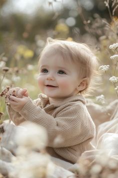 a baby is sitting in the middle of some flowers and smiling at the camera while wearing a sweater