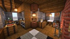 the interior of a minecraft house with wooden walls and flooring, including a dining area