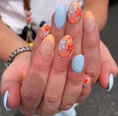 Summer Birthday Nails Almond, Spring Floral Nails, Semi Nails, Teen Nails, Nails Orange, Spring Nail Colors