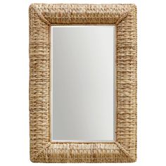 a square mirror made out of straw with a wooden frame and wicker border around the edge