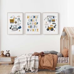 a child's bedroom with two posters on the wall