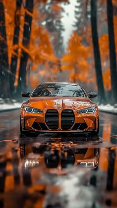 an orange sports car parked on the side of a wet road with trees in the background