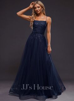 A-line Straight Floor-Length Tulle Prom Dresses With Sequins (018289790) Blue Grad Dresses, Midnight Blue Prom Dresses, 8th Grade Prom Dresses, Winter Prom Dresses, Flowy Prom Dresses, Navy Prom Dresses, Tulle Prom Dresses, Navy Blue Prom Dresses, Sparkly Prom Dresses