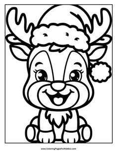 rudolph the reindeer coloring page for kids to print out and color with santa claus hat on his head