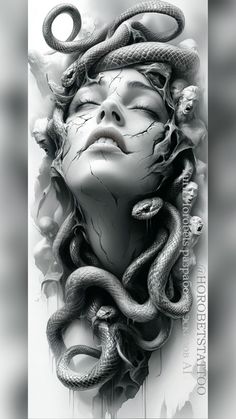 a woman's face with snakes on her head and the image is in black and white