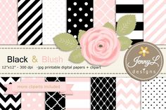 black and pink digital paper pack with roses, stripes, polka dots, chevrons