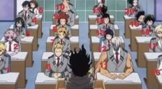 an anime classroom with many students sitting at their desks and numbers on the wall