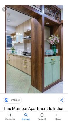 an open door leading into a kitchen with wooden cabinets and green cupboards on either side