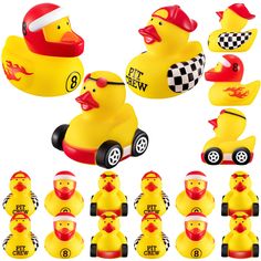 several rubber ducks are shown in different positions