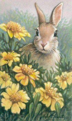 a painting of a rabbit surrounded by yellow flowers