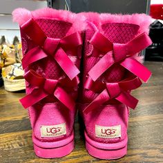 Pink Ugg Boots With Bows Down The Back, Size 6 Boots With Bows, Ugg Boots With Bows, Pink Ugg Boots, Shoes Ugg, Womens Uggs, Winter Rain, Ugg Shoes, Ugg Boots, Rain Boots